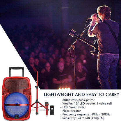 Technical Pro Red 15" Rechargeable Bluetooth LED Loudspeaker Package with Tripod & Microphone PARTY15RPKG2