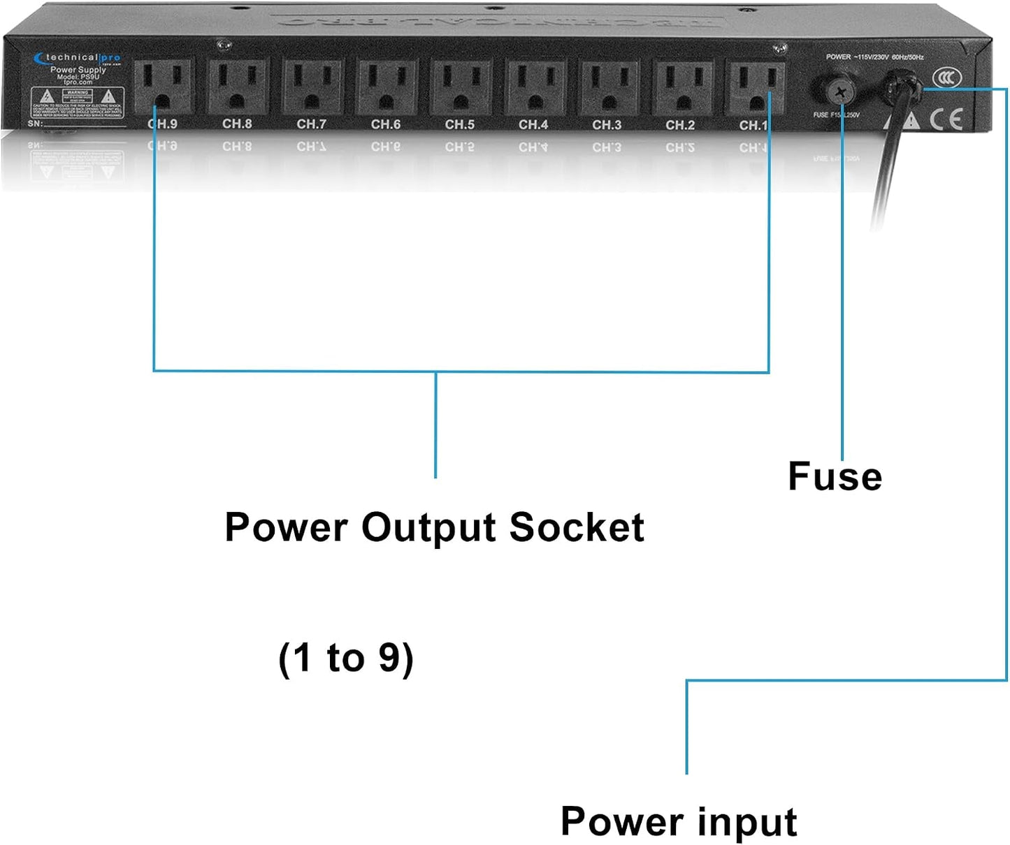 Technical Pro PS9Y Electric Power Supply w/ 9 Power switches, 1800 Watt Max Load | 5V USB Charging Port, (4 Foot)