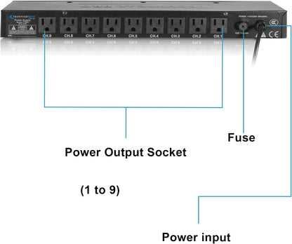 Technical Pro PS9Y Electric Power Supply w/ 9 Power switches, 1800 Watt Max Load | 5V USB Charging Port, (4 Foot)