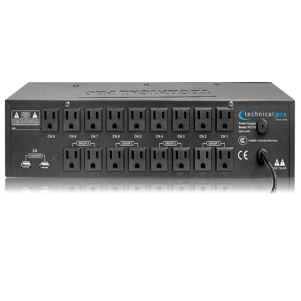 Technical Pro PS17U Rack Mount 17 Outlet Power Supply with 13 Switches, 1800W Surge Protector & USB Charging Ports