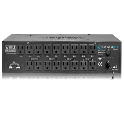 Technical Pro PS17U Rack Mount 17 Outlet Power Supply with 13 Switches, 1800W Surge Protector & USB Charging Ports