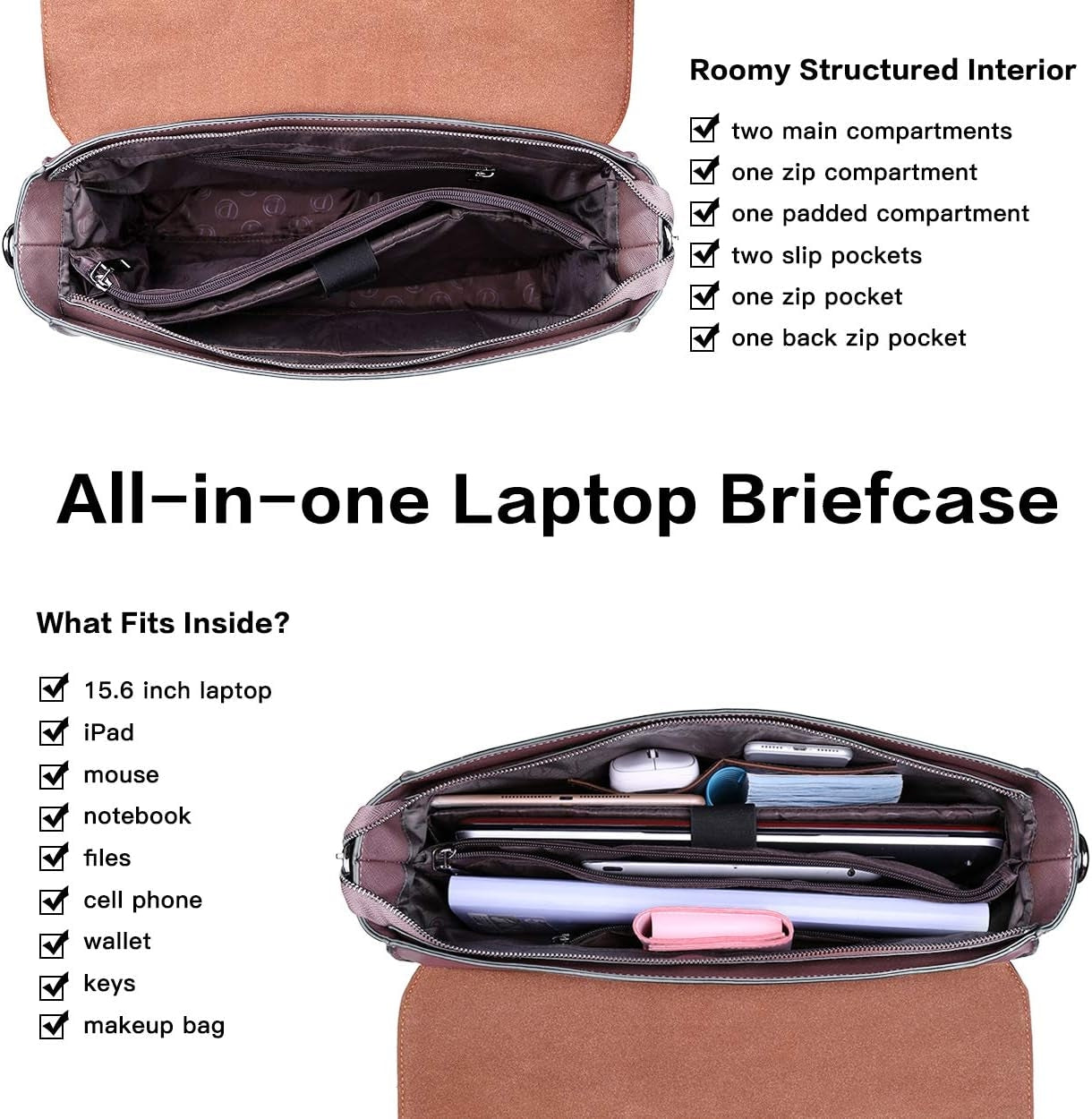 Women's 15.6 Inch Laptop Briefcase, Vintage Purple Saffiano Eco-Leather, 4 Large Compartments