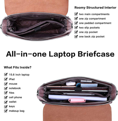 Women's 15.6 Inch Laptop Briefcase, Vintage Purple Saffiano Eco-Leather, 4 Large Compartments