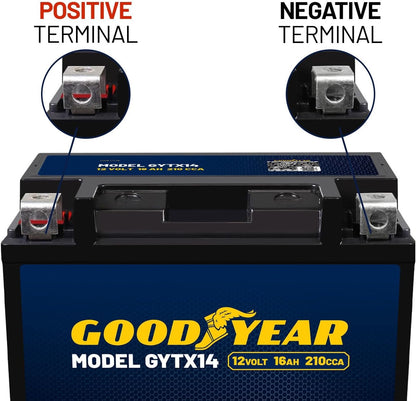 Goodyear GYTX14-12 Volt 16 AH, 210 CCA, Rechargeable High-Performance, Maintenance Free, SLA - AGM Battery for Motorcycle