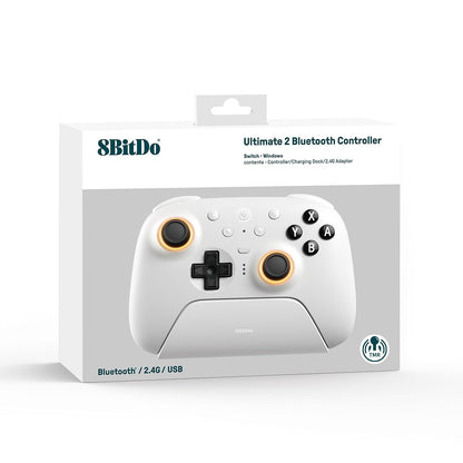 8BitDo Ultimate 2 Bluetooth Controller, Hall Effect Triggers with Charging Dock - White