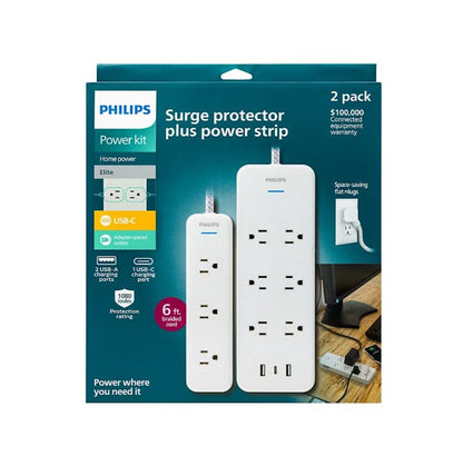 Philips 6-Outlet Surge Protector, 2 USB-A, 1 USB-C, 6' and 3-Outlet Power Strip, 6' White, 2 pk. SPP3423W/37-T1-DI1