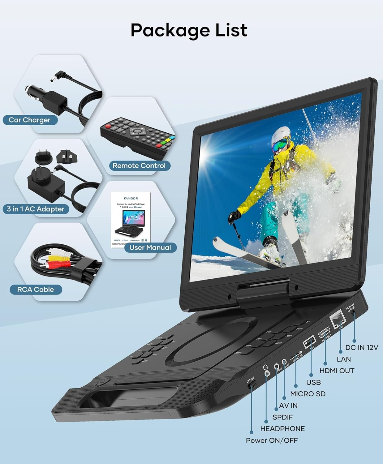 FANGOR 12’’ Portable Blu Ray Player with 1080P Full HD Swivel Screen F-BR114