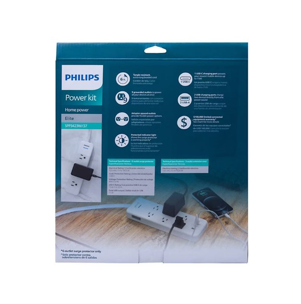 Philips 6-Outlet Surge Protector, 2 USB-A, 1 USB-C, 6' and 3-Outlet Power Strip, 6' White, 2 pk. SPP3423W/37-T1-DI1