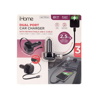 iHome 45W Dual Port Car with Retractable USB-C Cable and 1USB-A and 1 USB-C Car Charger 2IHCH1043BLKCB