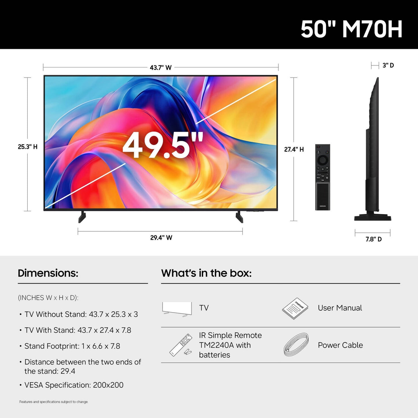 Samsung M70H 50" 4K HDR Smart Mini-LED TV UN50M70HAFXZA