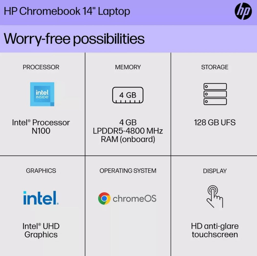 HP 14" Touchscreen Chromebook Intel Pentium N200 4GB/128GB Silver 14A-NF0012TG