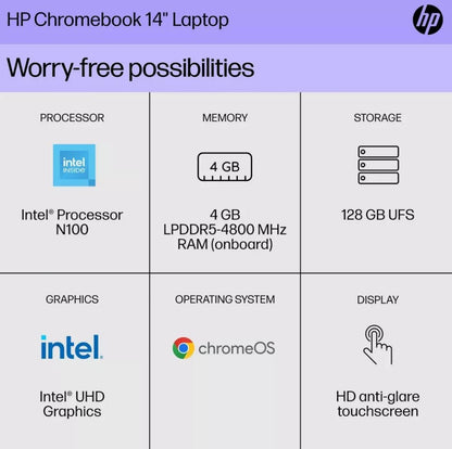 HP 14" Touchscreen Chromebook Intel Pentium N200 4GB/128GB Silver 14A-NF0012TG