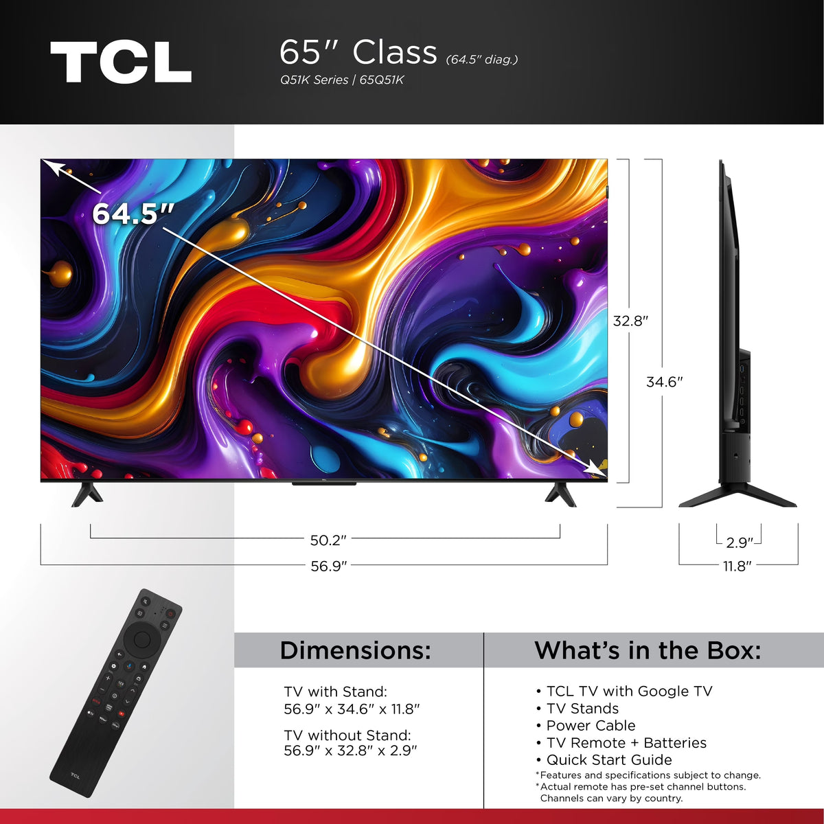 TCL 65" Q Series QLED 4K UHD HDR Smart Google TV, Motion Rate 240, HDR 10+, Auto Game Mode - 65Q51K