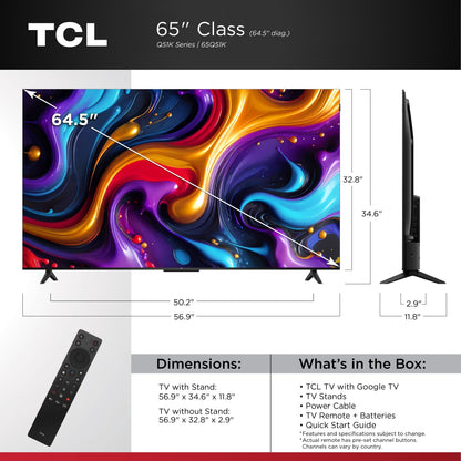 TCL 65" Q Series QLED 4K UHD HDR Smart Google TV, Motion Rate 240, HDR 10+, Auto Game Mode - 65Q51K