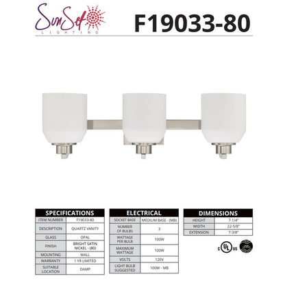 Sunset Lighting F19033-80 Quartz 3-Light Vanity, Opal Glass Dimmable Bright Satin Nickel