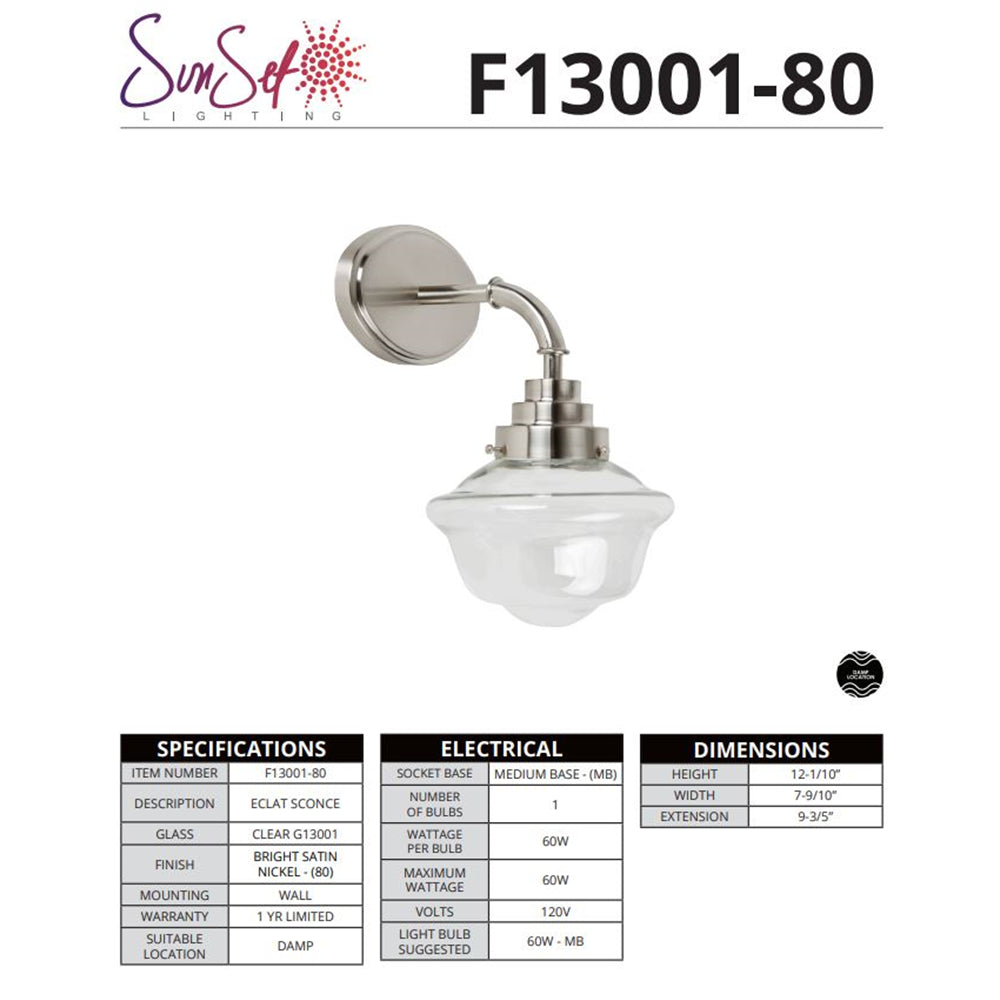 Sunset Lighting ECLAT MB Vanity, 60W Bright Satin Nickel F13001-80