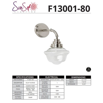 Sunset Lighting ECLAT MB Vanity, 60W Bright Satin Nickel F13001-80