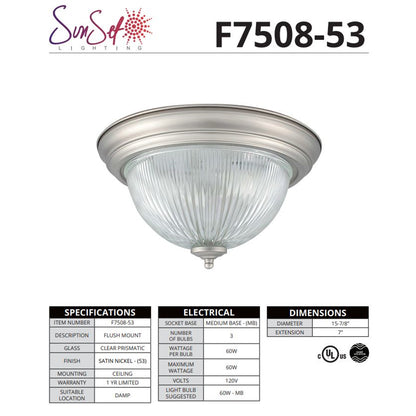 Sunset Lighting F7508-53 3-Light 15" Convertible Flush Mount, Satin Nickel Finish Clear Prismatic Glass