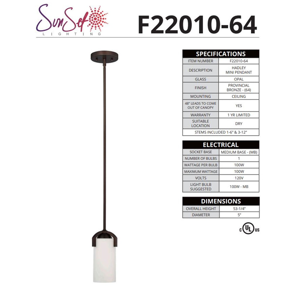 Sunset Lighting 1-Light 100W MB Hadley Mini Pendant Provincial Bronze F22010-64