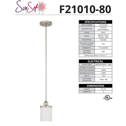 Sunset 1-Light 100W MB Mini Pendant - Bright Satin Nickel F21010-80