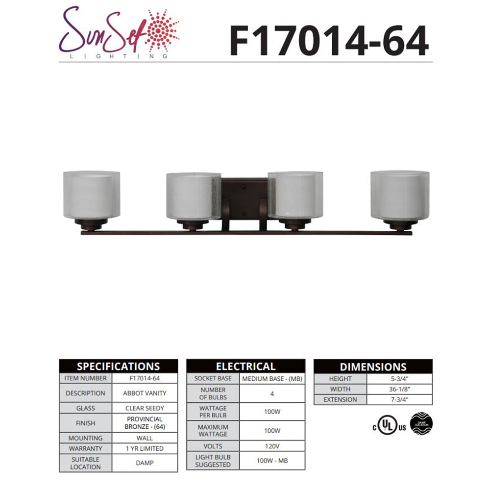 Sunset Lighting 4-Light 100W MB Sunset Vanity, Provincial Bronze F17014-64