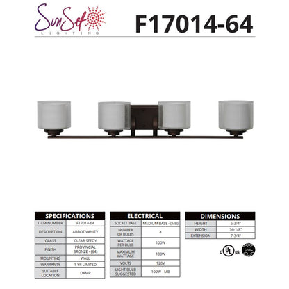 Sunset Lighting 4-Light 100W MB Sunset Vanity, Provincial Bronze F17014-64