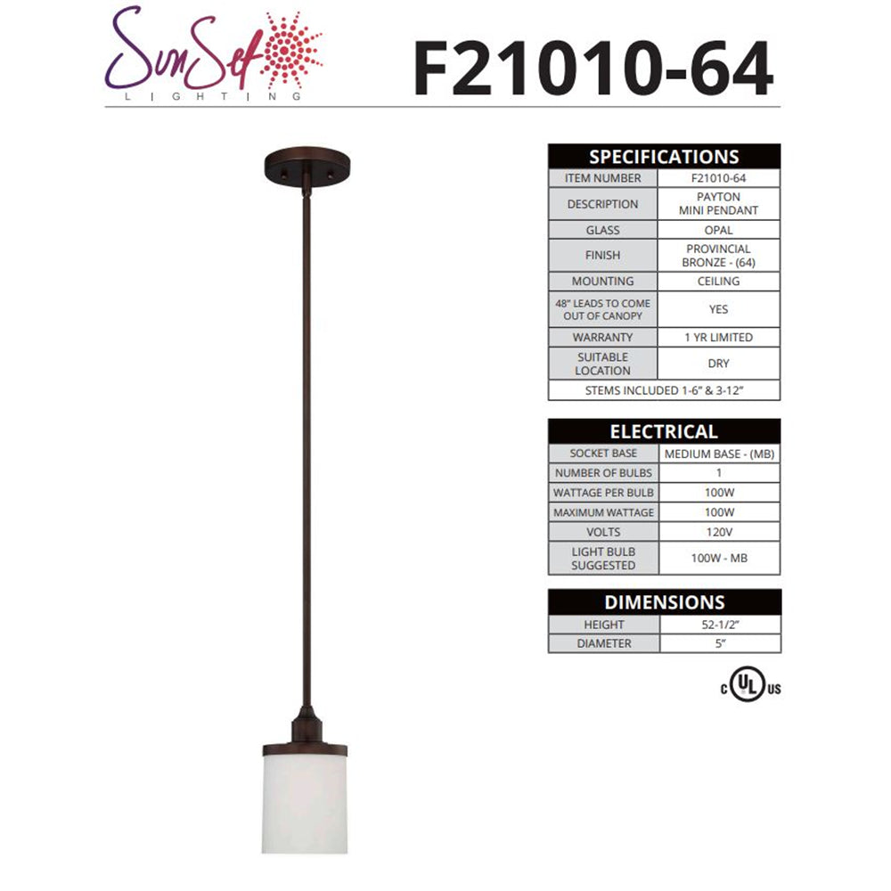 Sunset Payton 1-Light 100W Mini Pendant Provincial Bronze F21010-64