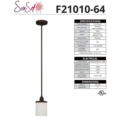 Sunset Payton 1-Light 100W Mini Pendant Provincial Bronze F21010-64