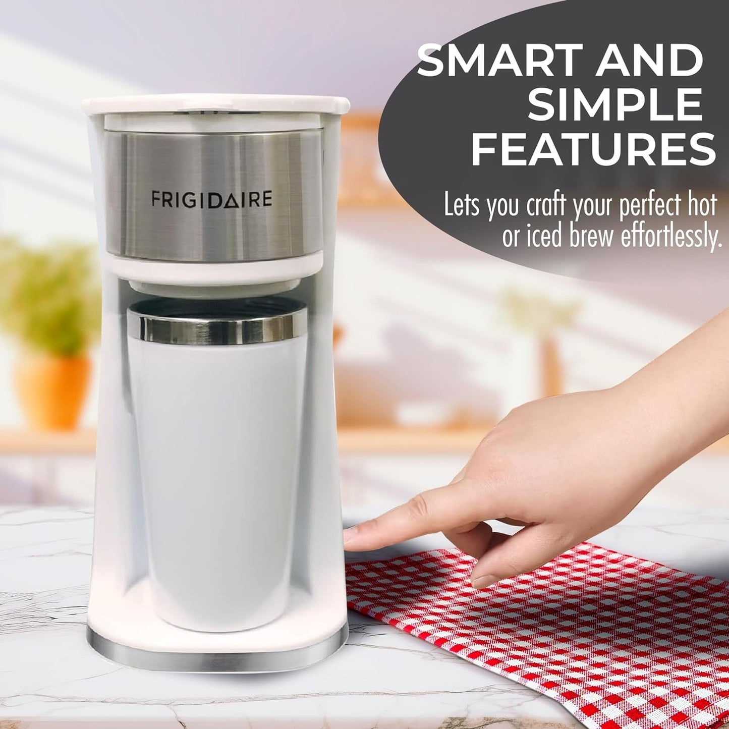 Frigidaire Stainless Steel Coffee Maker Single Cup With Insulted Travel Mug ECMK095 with 420ml Capacity White