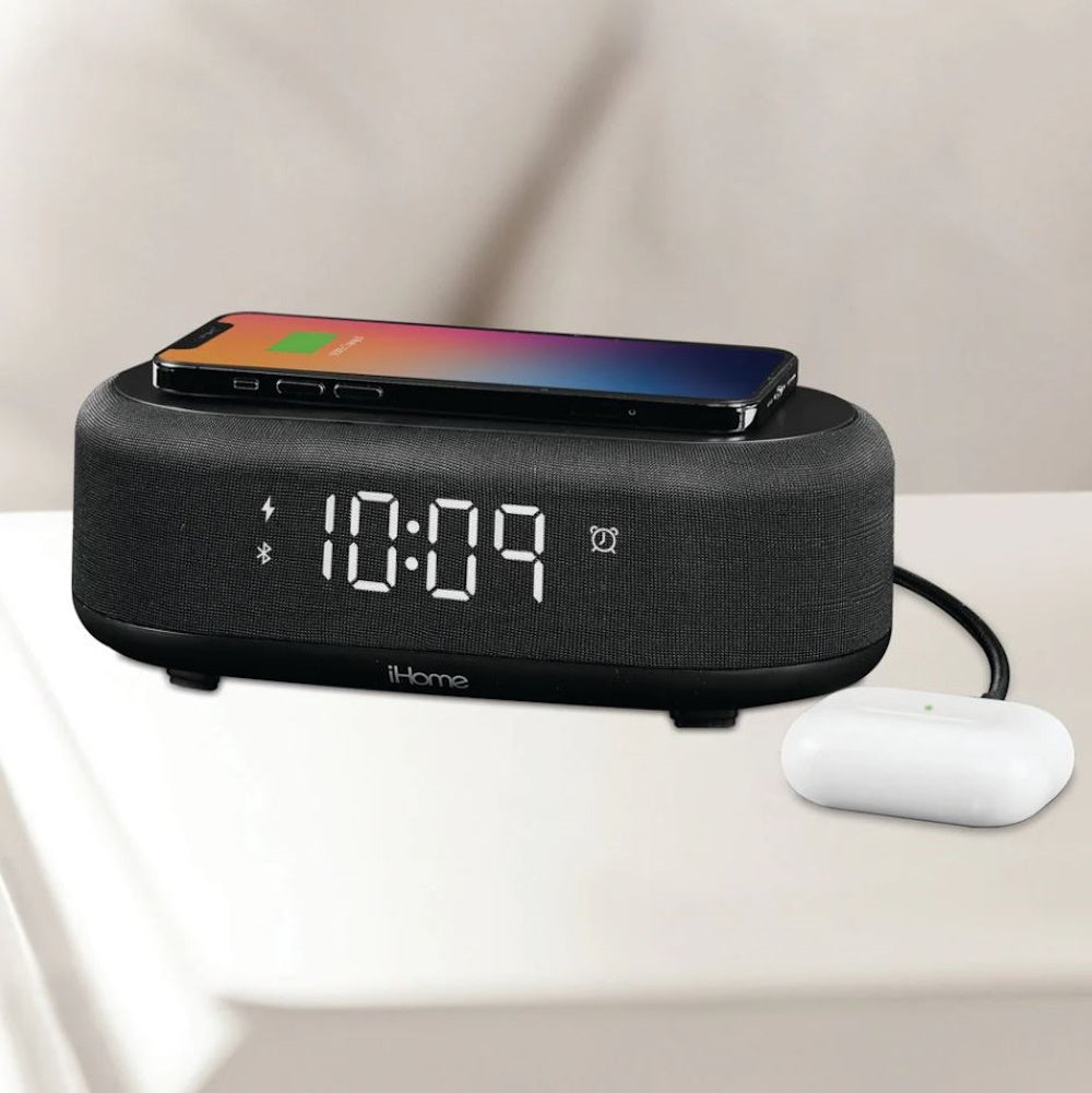 iHome Bluetooth Alarm Clock with Wireless Charger & USB Charging Station iBTW112