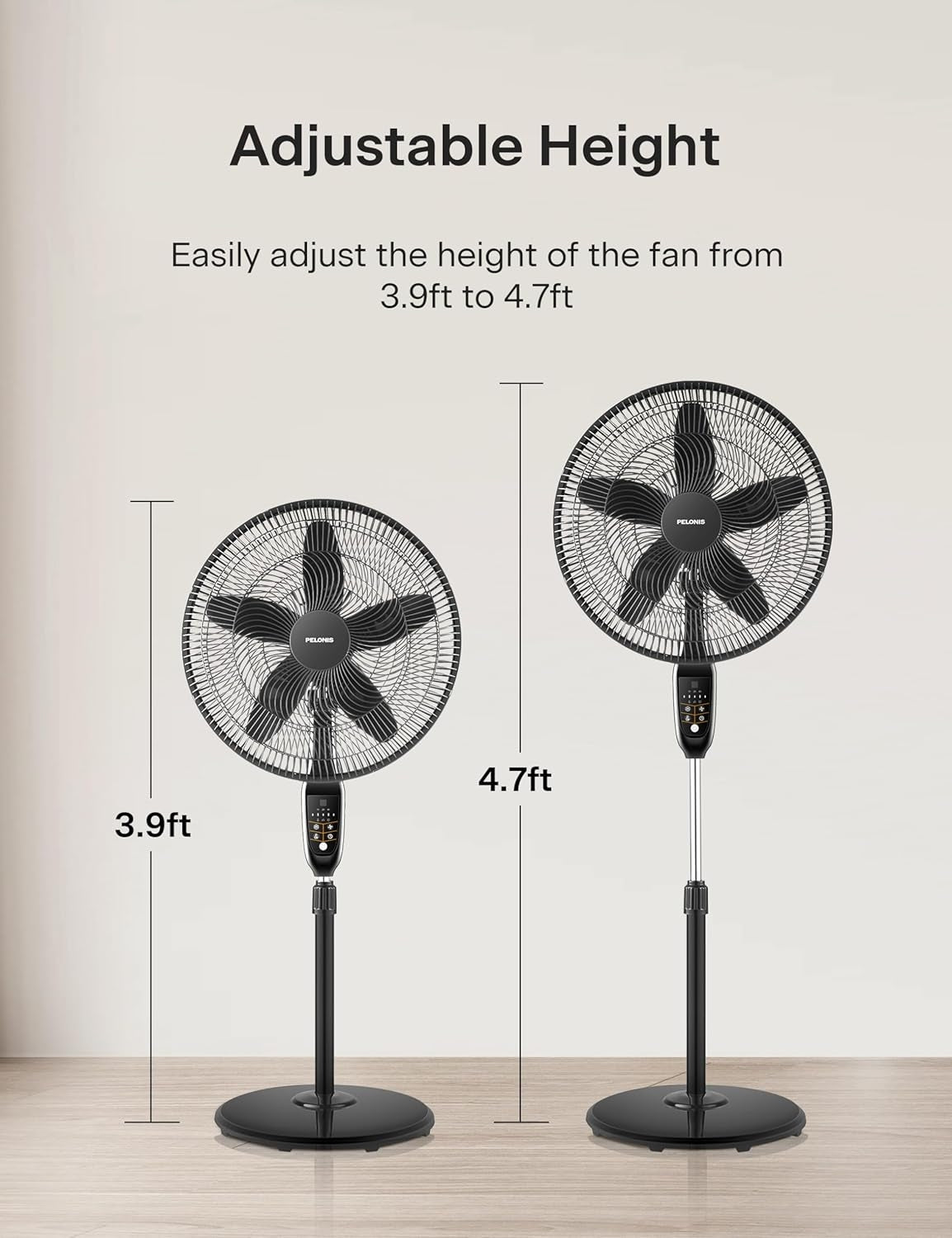 Pelonis PFS45A5BBB 18 inch 5-Blade Oscillating Fan, Adjustable Standing Pedestal Remote, LED Display, 5 Speed Setting and 7-Hour Timer Fan, Black