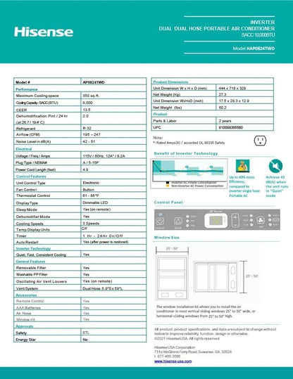 Hisense 8,000 BTU DOE/SACC (10,000 ASHRAE) Portable Air Conditioner with Dual Hose & Inverter, 350 Sq Ft, Wi-Fi, ConnectLife App for Google and Alexa, 3 operating modes, Noise 42 dB(A) - HAP0824TWD