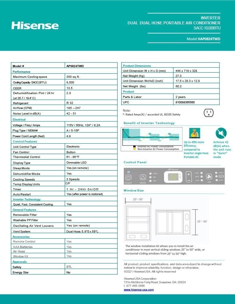 Hisense 8,000 BTU DOE/SACC (10,000 ASHRAE) Portable Air Conditioner w/ Dual Hose & Inverter, 350 Sq Ft, Wi-Fi, ConnectLife App for Google & Alexa, Remote, 3x modes, Noise 42 dB(A) - HAP0824TWD