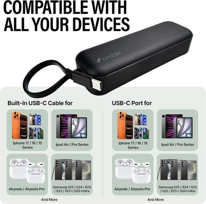 Nimble Wally Pro 20, 2-in-1 Portable Wall Charger + 5,000mAh Power Bank with Foldable Plug, Built-in USB-C Cable