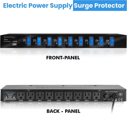 Technical Pro Power Supply Strip, 9 Power Outlet with Switches | 5V USB Charging Port, 1800 Watts, 4 Ft TPS9TU