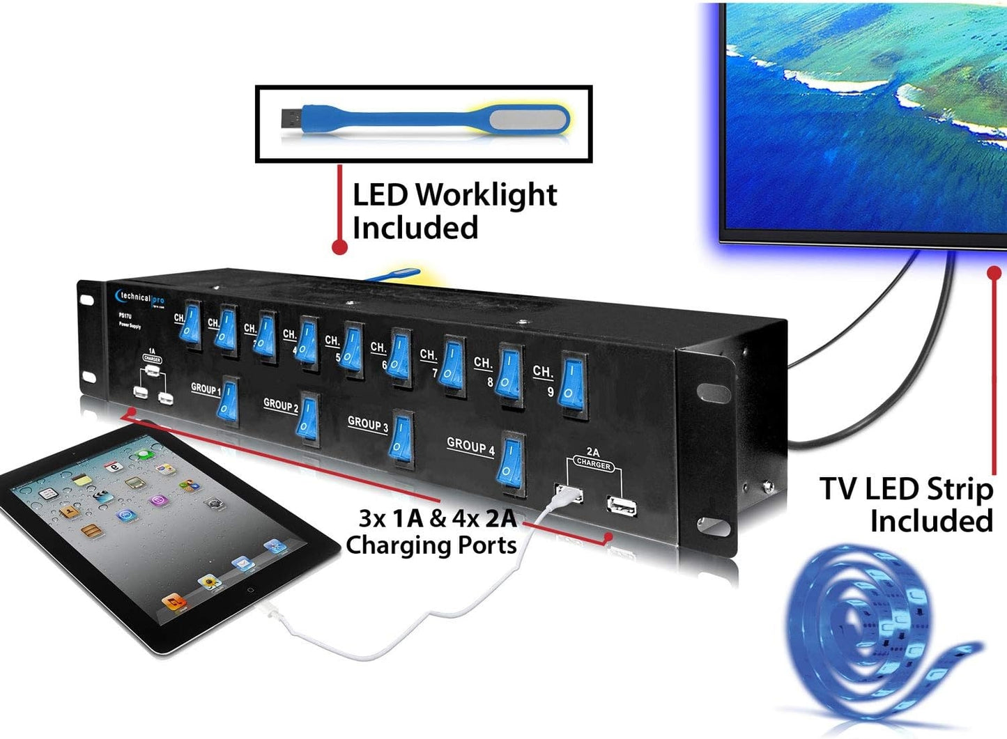 Technical Pro PS17U Rack Mount 17 Outlet Power Supply with 13 Switches, 1800W Surge Protector & USB Charging Ports
