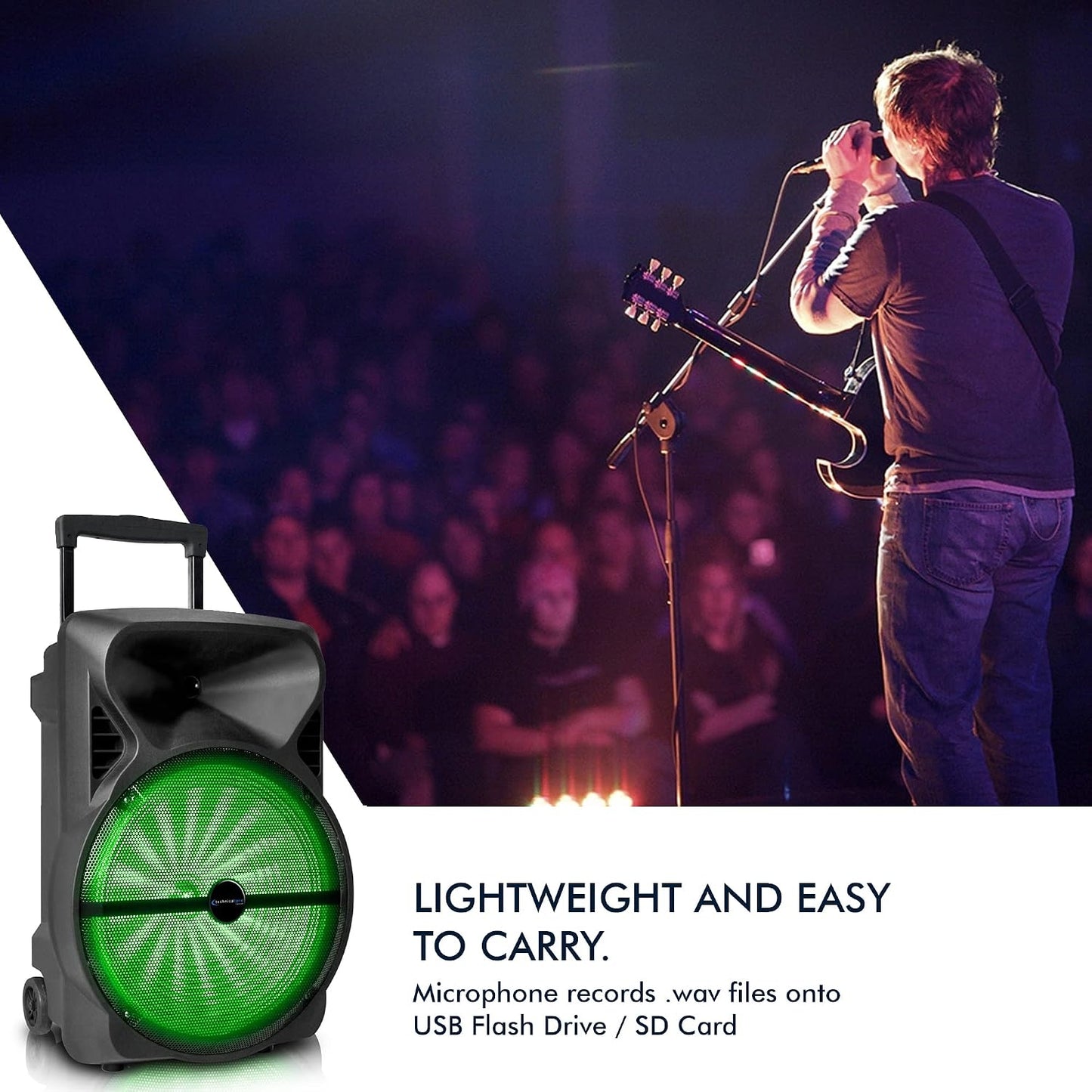 Technical Pro PB1402 12" Rechargeable Bluetooth LED Party Speaker, 2000W with USB, TF Card & Microphone Input