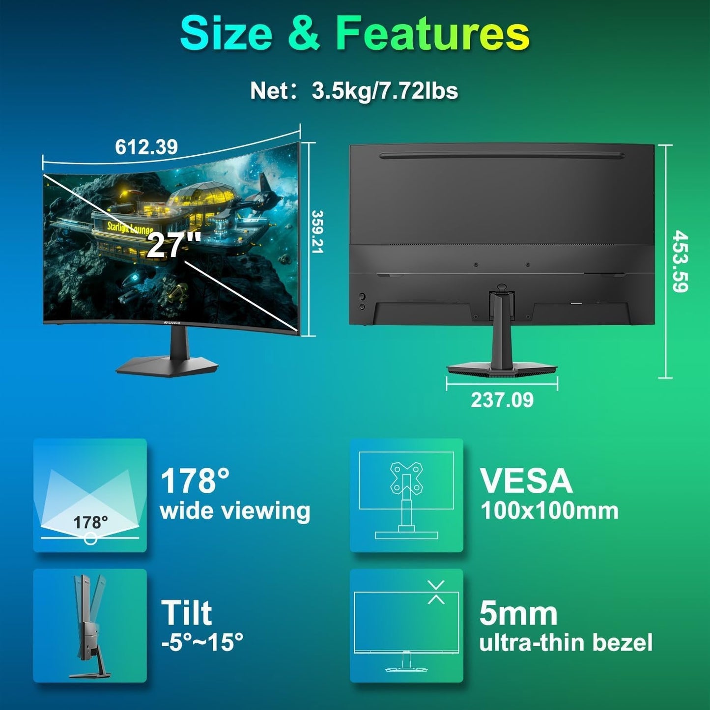 SANSUI Curved Monitor 27" 120Hz 1080p 1500R USB Type-C Computer Monitor ES-27C1
