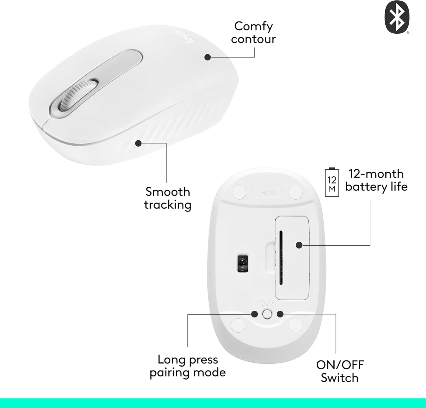 Logitech M196 Bluetooth Wireless Mouse, Compact and Portable Mouse White 910-007438