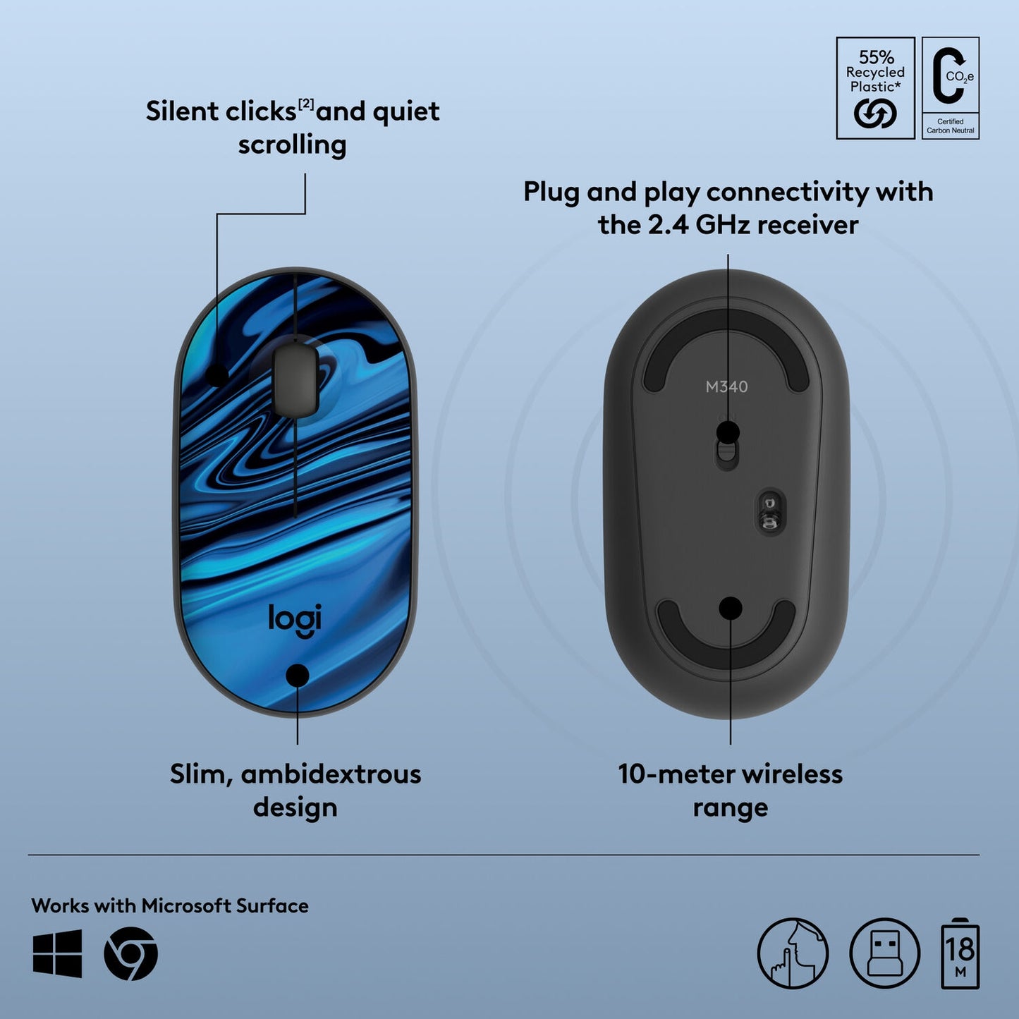 Logitech M340 Compact Ambidextrous Silent Wireless Mouse Blue Galaxy 910-007282
