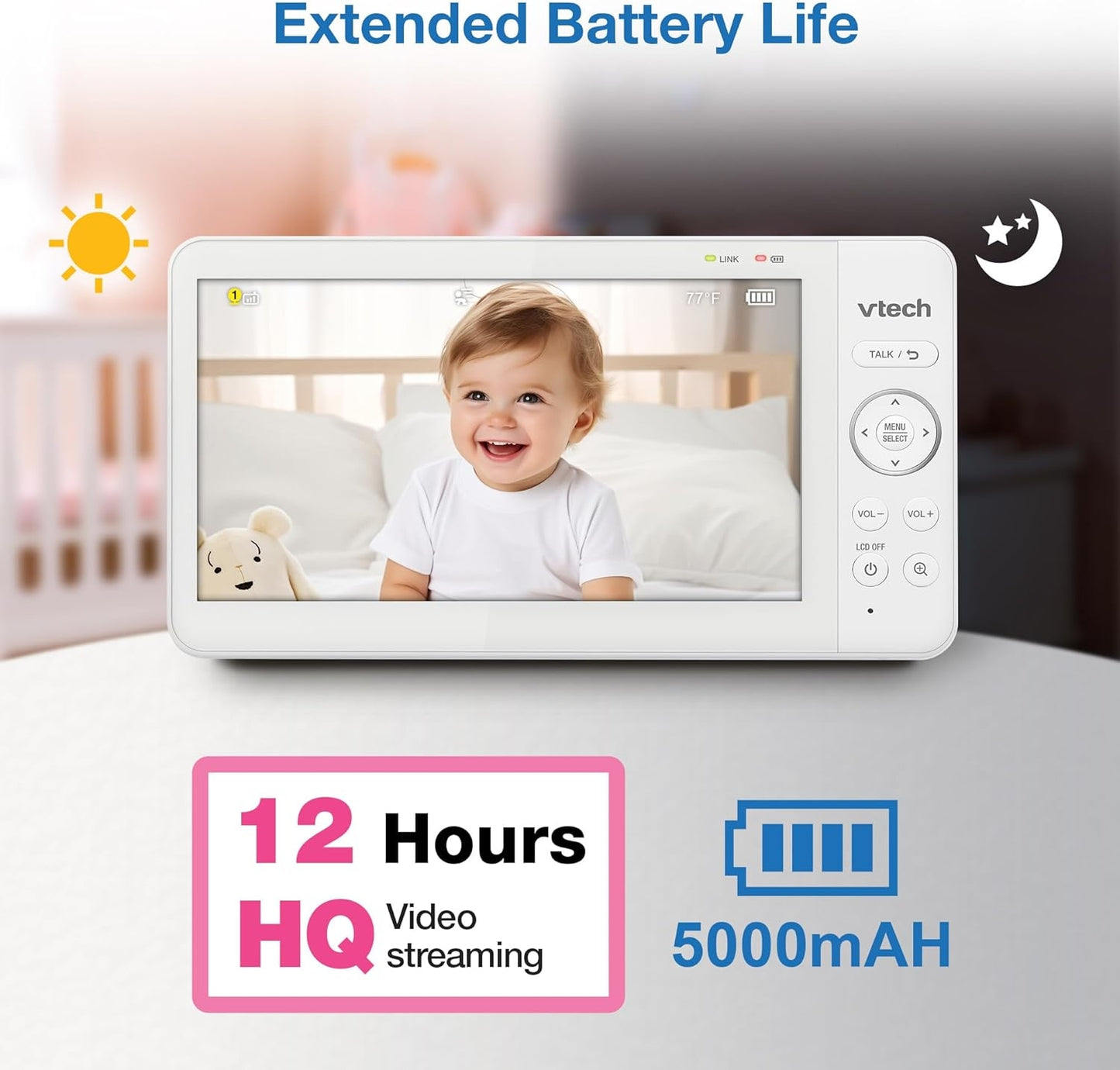 VTech Baby Monitor No Wi-Fi, 2 Cameras, 7" IPS Split Screen, 5000mAh 12Hr Battery, 360° PTZ, 4X Zoom, Night Vision