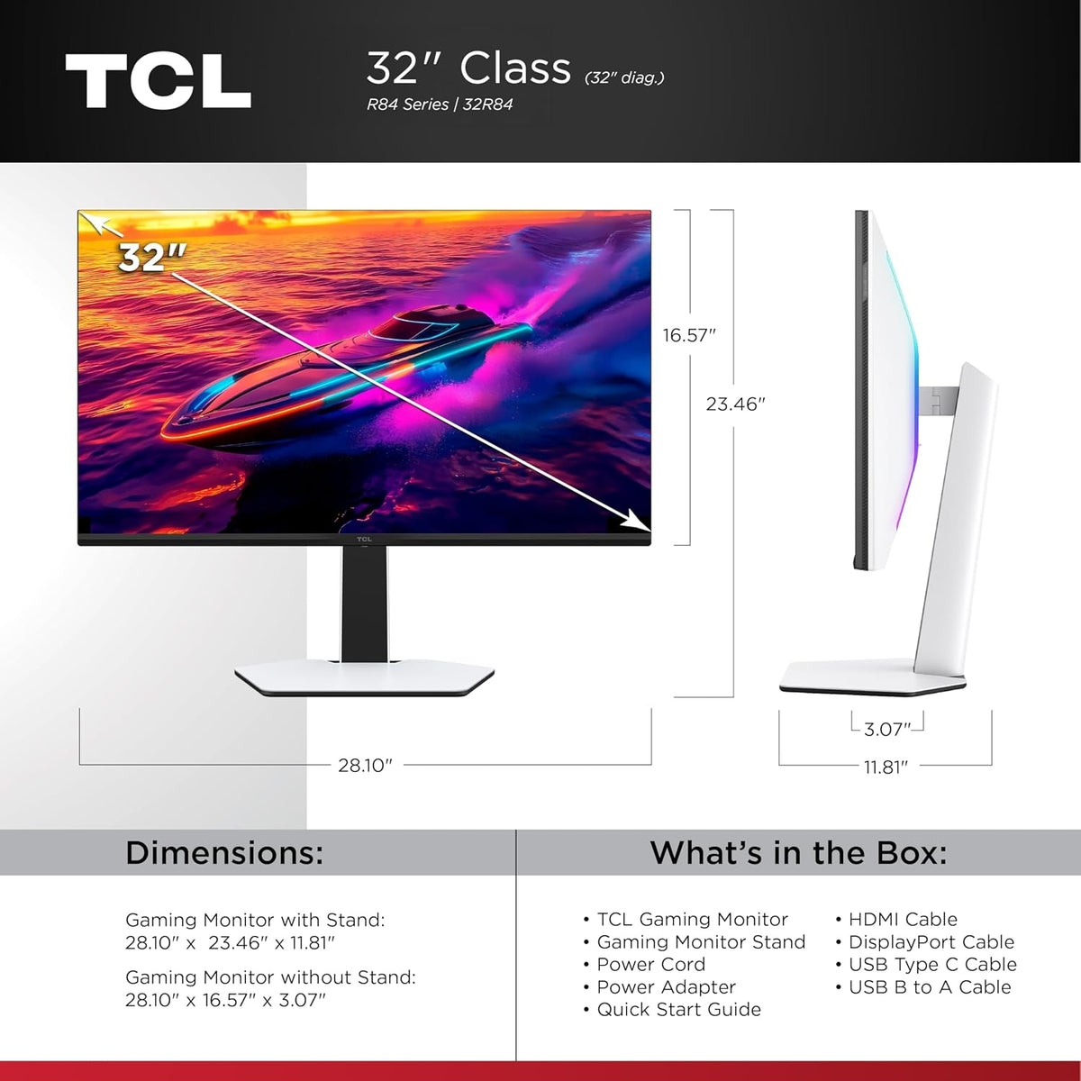 TCL 32" R84 Series 4K UHD HDR QD-Mini LED 1ms Gaming Monitor Black & White 32R84