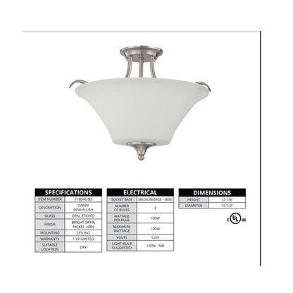 LUMINANCE Semi Flush Mount Darby 3-Lights 100W Bright Satin Nickel  F18046-80