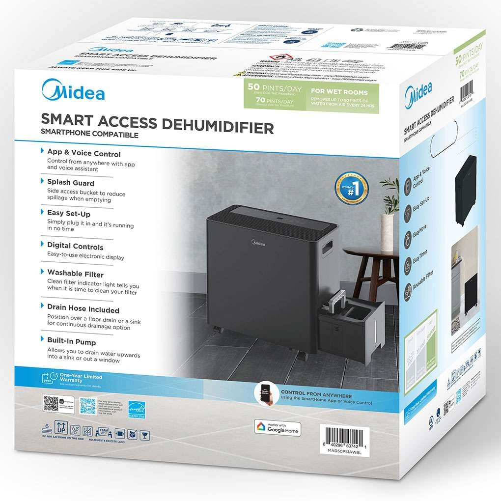 Midea 50 pt. Smart Access Dehumidifier with Built-in Pump for spaces up to 4,500 sq. ft MAD50PS1AWBL
