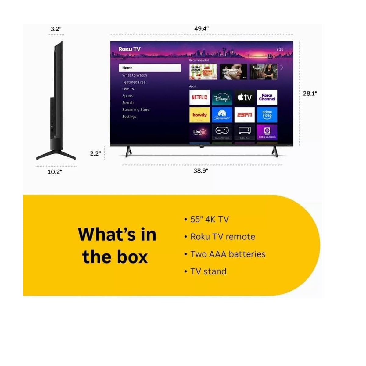 Hiro 55" 4K HDR Smart TV Flat Screen LED Television with Roku TV and Dolby Audio Streaming H55D4C4