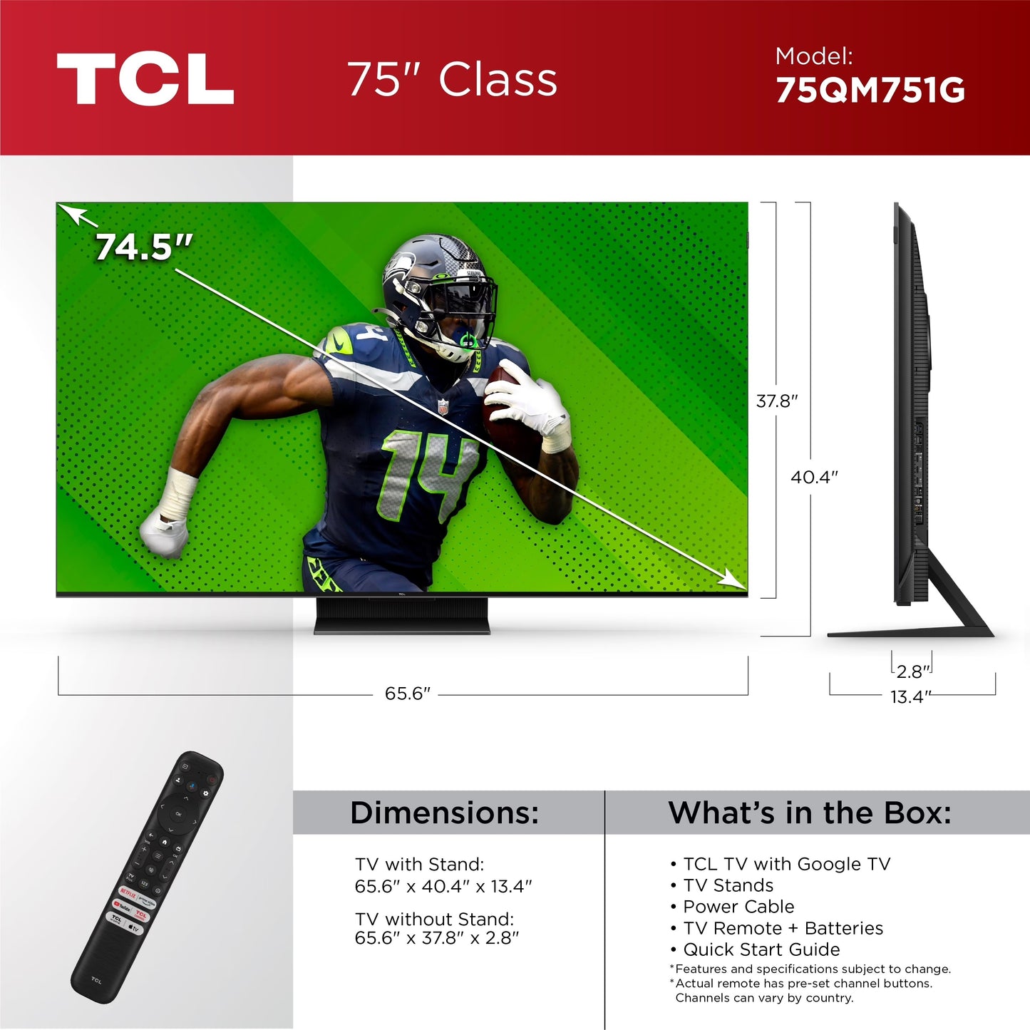 TCL - 75" Class QM7-Series 4K UHD QD Mini LED Smart Google TV 75QM751G