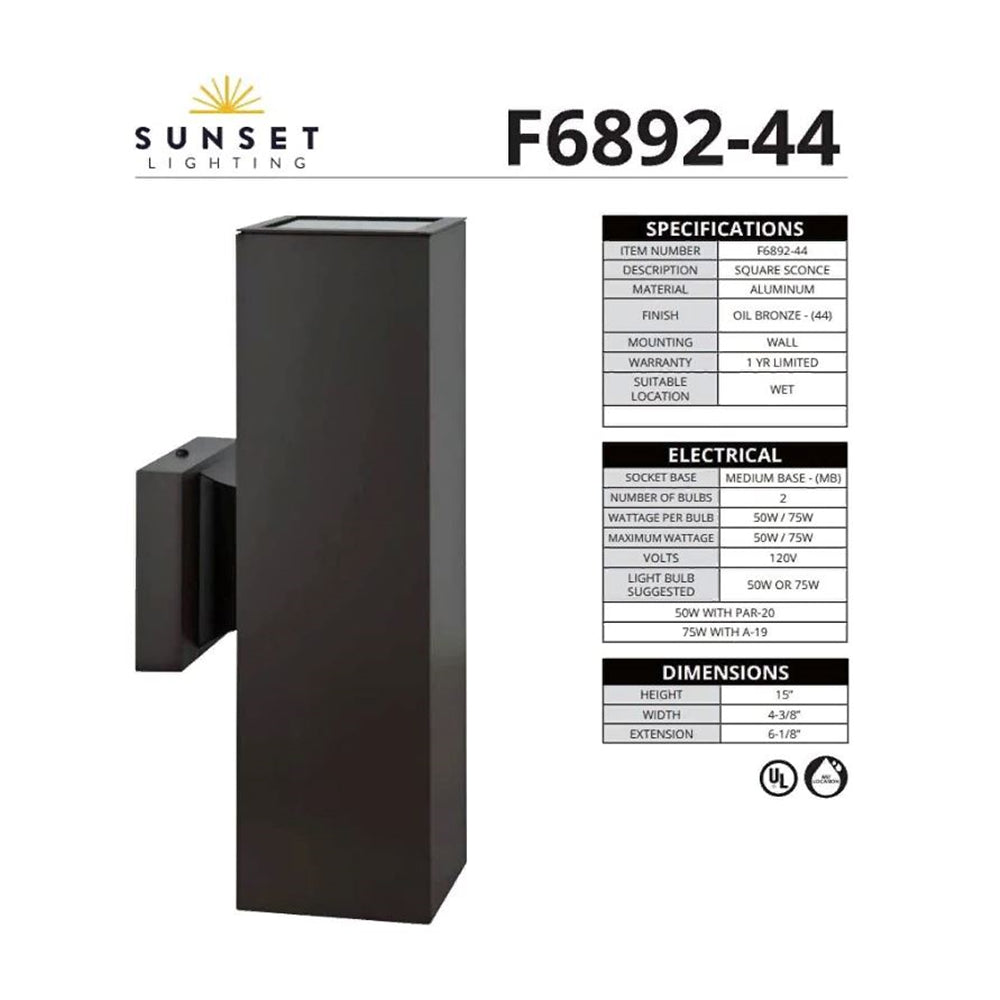 Sunset Lighting Square 2-Light 15" H x 4.375 Aluminum Sconce Oil Bronze Finish F6892-44