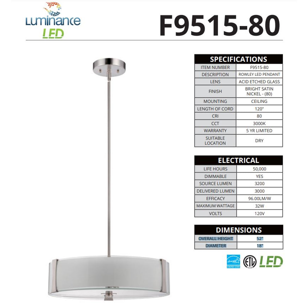 Luminance Sunset Rowley LED 3-Pendant Ceiling Light-Dimmable-Bright Satin Nickel F9515-80