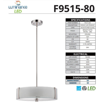 Luminance Sunset Rowley LED 3-Pendant Ceiling Light-Dimmable-Bright Satin Nickel F9515-80