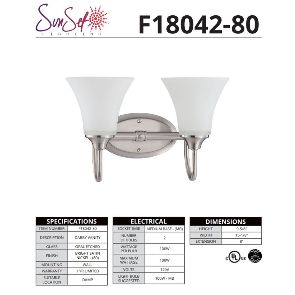 Sunset Lighting 2-Light Darby Vanity 100W MB Satin Nickel F18042-80